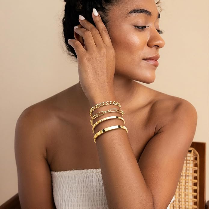 Chunky Gold Bracelets Stack for Women Non Tarnish, Waterproof 14K Gold Plated Bangle Cuff Bracelets Set for Women Trendy Thick Layered Cuban Link Chain Paperclip Rope Stackable Bracelet for Jewelry Gifts