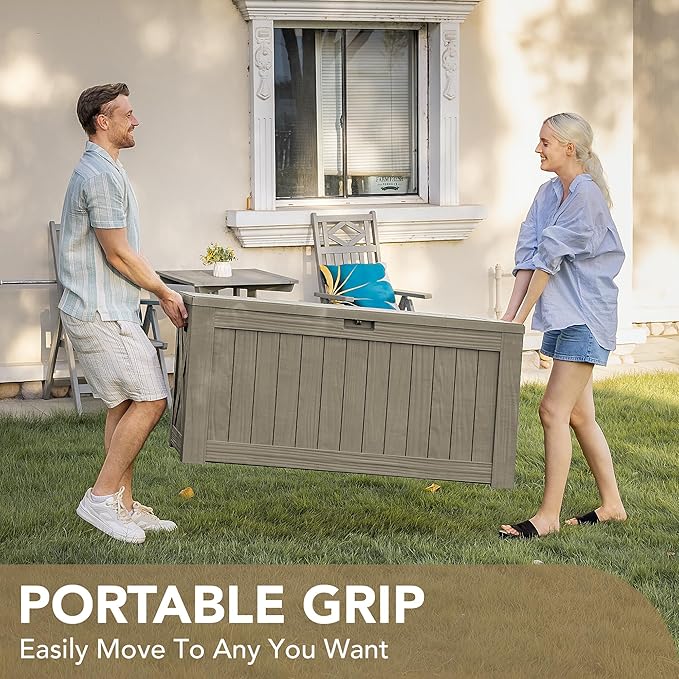 Devoko 120 Gallon Deck Box Resin Outdoor Storage Box Waterproof for Patio, Large Outdoor Storage Bench Lockable for Outside (Brown)-VerdiqueGarden