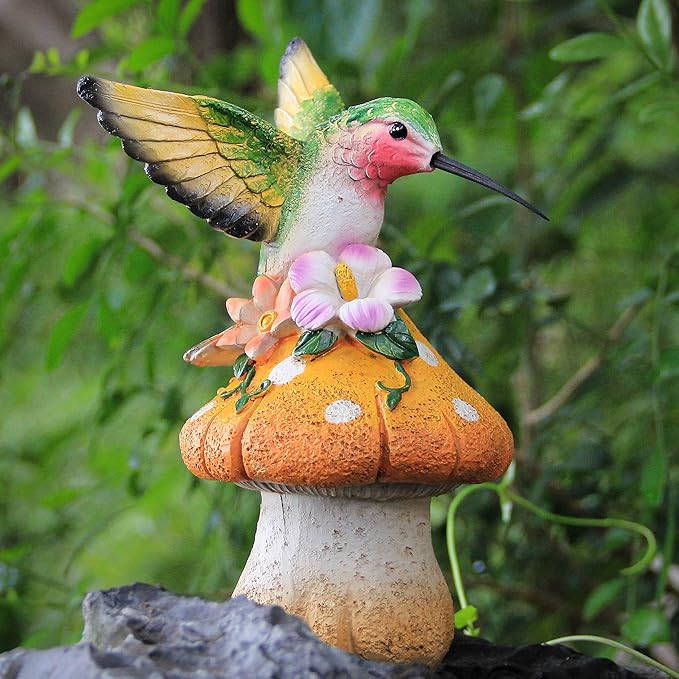 Hummingbird Stand on Mushroom for Garden Decorations,Hummingbird Statue for Outdoor Backyard Yard Porch Patio Lawn Outside Indoor Home Shelf Decor Accents,Bird Sculpture Figurine-VerdiqueGarden