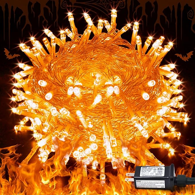 JMEXSUSS Connectable 33ft Halloween Lights Indoor, 100 LED Clear Wire Orange Lights for Halloween, 8 Modes Outdoor Orange Christmas String Light Plug in for Christmas Tree Party Decoration-VerdiqueGarden