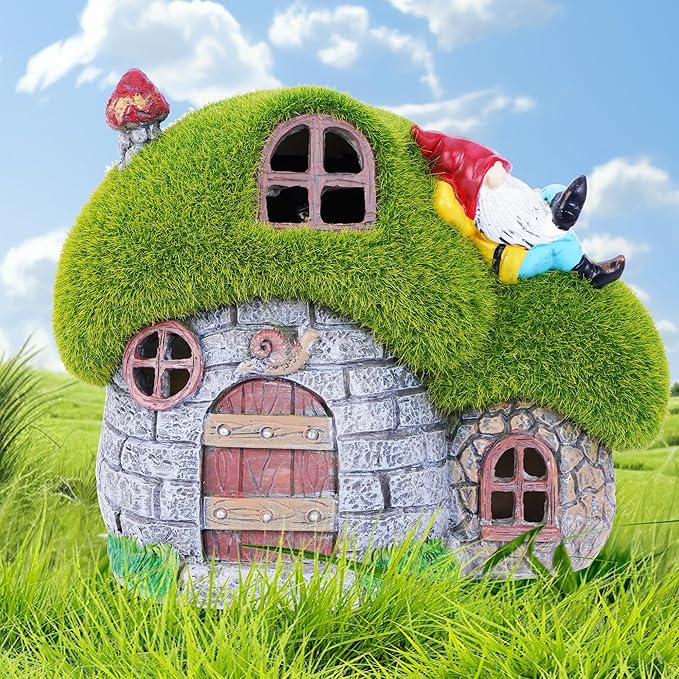 ILLUMINEW House Garden Statues with Solar Lights, LED Cute Flocked Fairy House with Gnomes Garden Figurine, Outdoor Patio Yard Lawn Decorations Gift-VerdiqueGarden