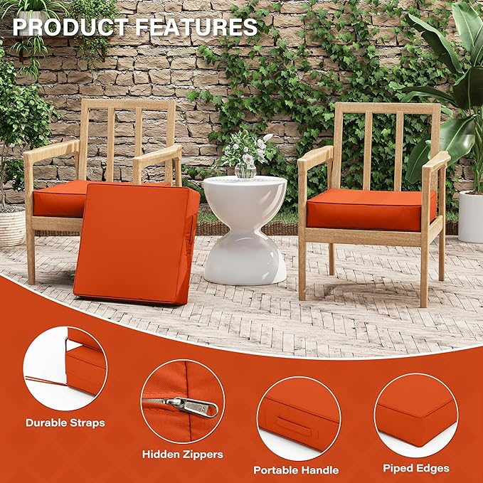 Patio Chair Cushions 19 X 19 X 4 Inch Waterproof Outdoor Seat Cushions for Patio Furniture, Outdoor Sofa Couch Pads with Ties & Handle, Set of 2, Orange-VerdiqueGarden