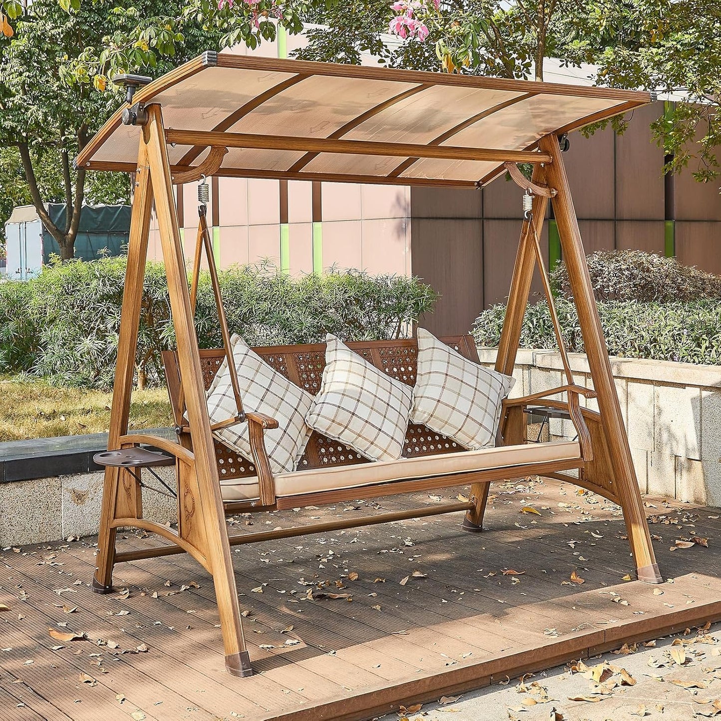 2/3-Seat Outdoor Patio Porch Swing with Adjustable Aluminum Alloy Canopy Solar Patio Swing Chair Bench with Footrest Side Cup Holder for Backyard Lawn (A-Aluminum Mesh Wood Grain-3 Seat)-VerdiqueGarden