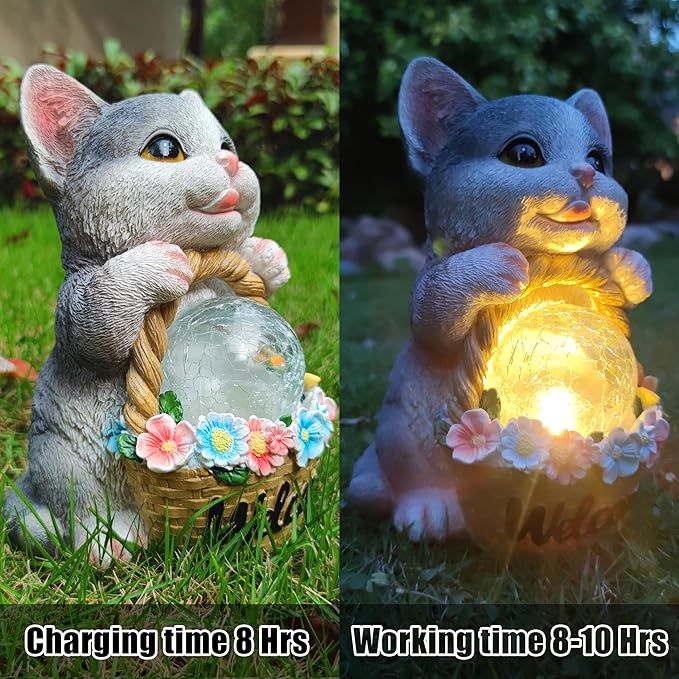 Solar Cat Garden Outdoor Statues,Resin Cat Figurine Carrying Flower Basket and Magic Orb with Solar LED Lights, Lawn Decor Outdoor Statue for Patio, Balcony, Yard Ornament,Gifts for Mom-VerdiqueGarden