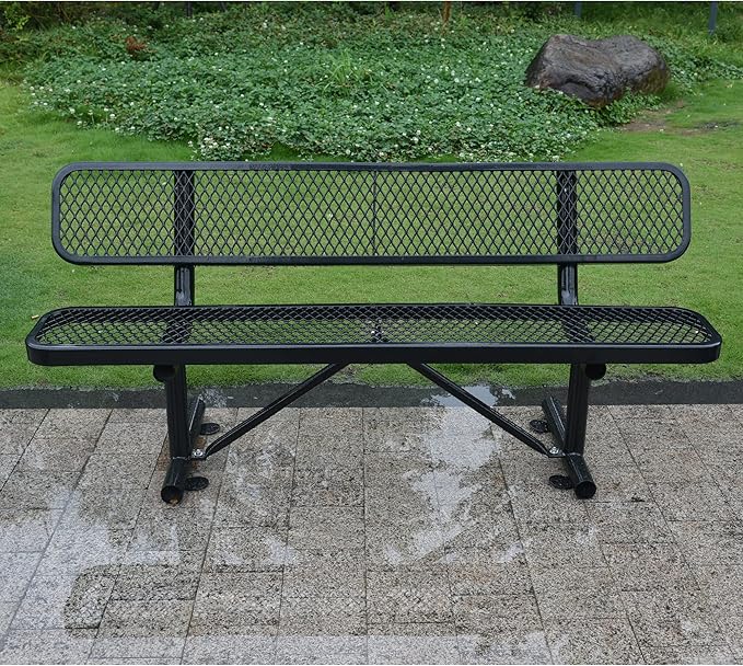 6 FT Heavy Duty Park Bench, Outdoor Metal Black Bench with Back-Commercial Steel Benches for Outside, 2-4 Person Seat-Garden Benches with Portable Frame for Outdoors-VerdiqueGarden