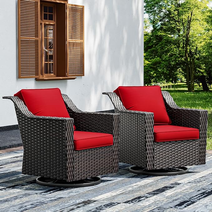 Joyside Swivel Patio Chairs Set of 2, Wicker Patio Furniture with Wide Armrest and Thick Cushions, Upgraded Large Size for Backyard, Garden, Poolside-VerdiqueGarden