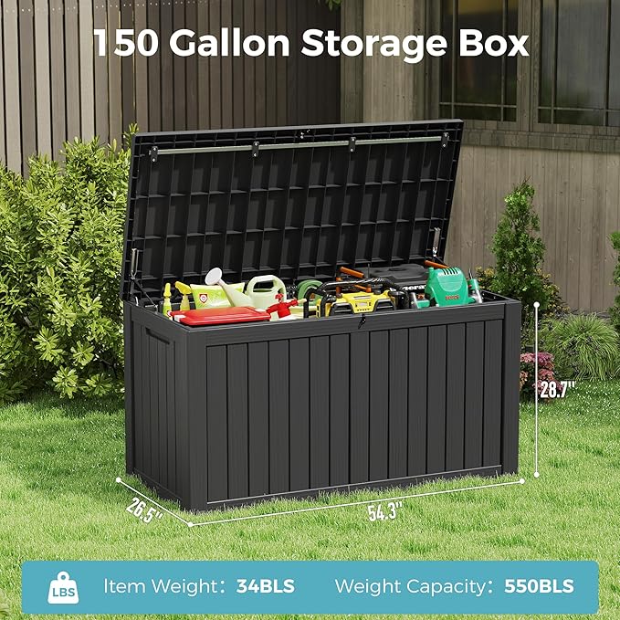 KAMABOKO Outdoor Storage Box, 150 Gallon Large Outdoor Resin Deck Box, Storage Waterproof Boxes Lockable Lid for Garden Tools, Pool Supplies, Patio Furniture and Cushions, Black-VerdiqueGarden
