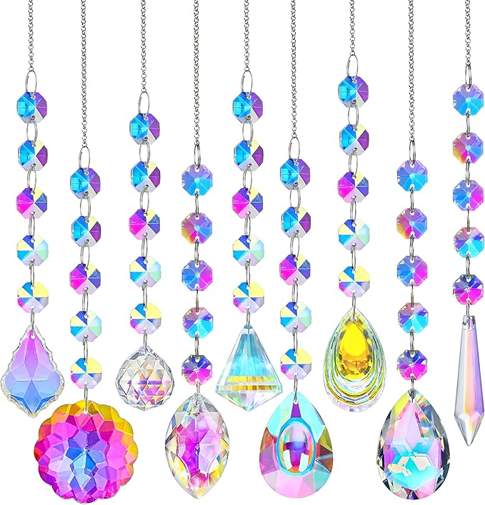 KANPURA 9 PCS Crystal Rainbow Suncatchers, Hanging Crystals Sun Catchers with Chain for Windows, Colorful Suncatcher Prism Pendant Hanging Crystals for Home Wedding Decor-VerdiqueGarden