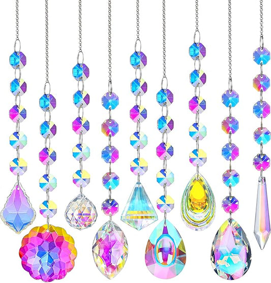 KANPURA 9 PCS Crystal Rainbow Suncatchers, Hanging Crystals Sun Catchers with Chain for Windows, Colorful Suncatcher Prism Pendant Hanging Crystals for Home Wedding Decor-VerdiqueGarden