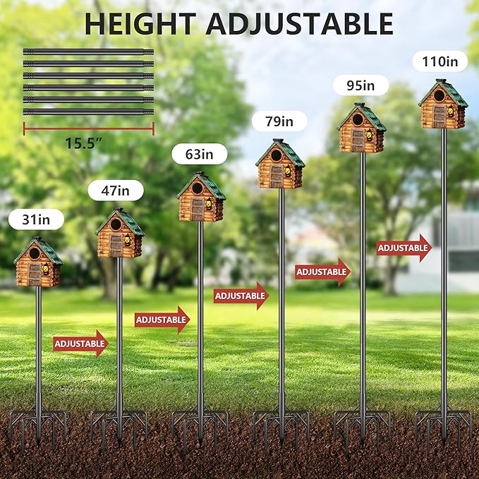 Bird Feeder Pole Kit 110 Inch,Bird House Pole for Outdoors Heavy Duty,5 Base Prongs Adjustable Birds Feeder Stand for House-VerdiqueGarden