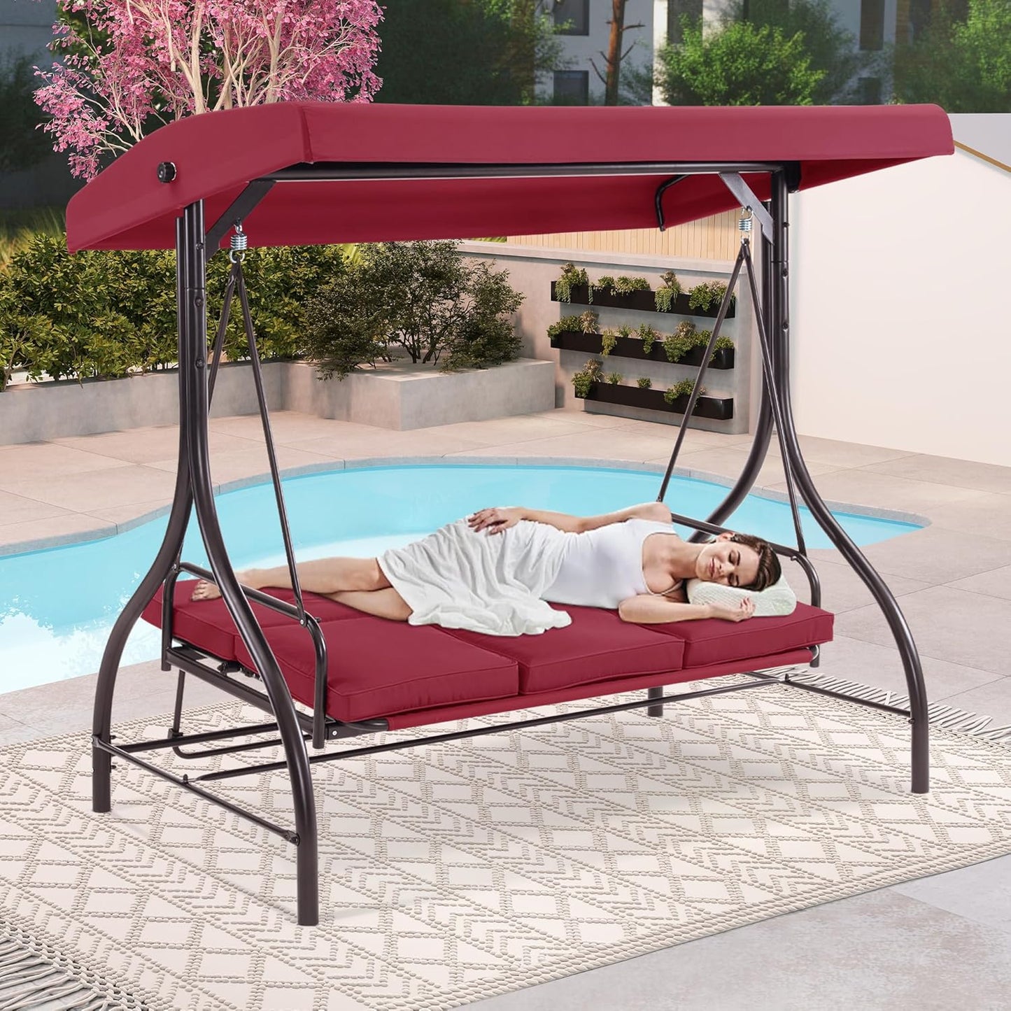 MCombo 3-Seat Outdoor Patio Swing Chair, 2-in-1 Convertible Porch Swing Glider Chair with Removable Cushions, Adjustable Canopy & Pillows for Backyard, Deck, Garden, 4068 (Burgundy)-VerdiqueGarden