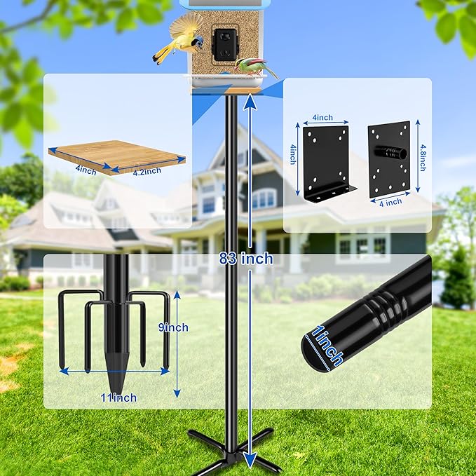 Ottsuls Bird Feeder Pole, 92 Inch Heavy Duty Bird House Pole Kit for Outdoors, with Wooden Board, 5-Prong Base Feeding Station for Wild Birds Watching, Adjustable Feeder Stand (House Not Included)-VerdiqueGarden