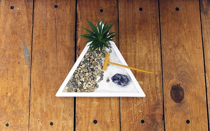 Nature's Mark Mini Zen Garden Kit for Desk with White Sand, Rake, White Base, Salt Rock and Air Plant (Triangle)-VerdiqueGarden