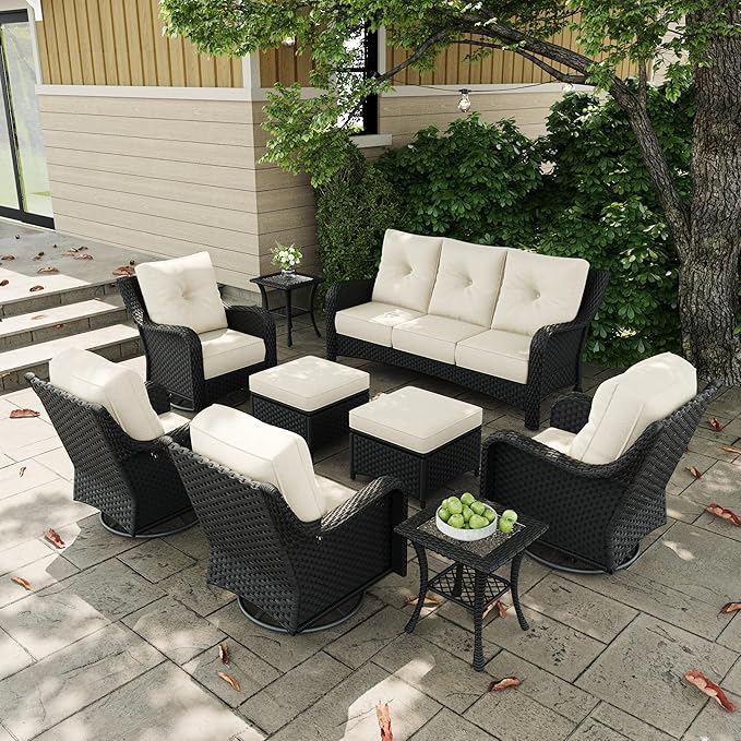 9 Pieces Outdoor Patio Furniture Sets with Rocking Swivel Chairs with 6-inch Thick Cushion and Side Table for Deck Lawn-VerdiqueGarden