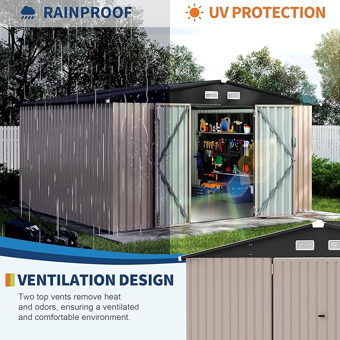 10x12 FT Metal Storage Sheds Outdoor with Floor, Metal Yard Sheds Garden Shed Kit, MetalTool Shed with Lockable Door, Metals UtilitySheds Buildings with Air Vent for Backyard Garden Patio Lawn-VerdiqueGarden