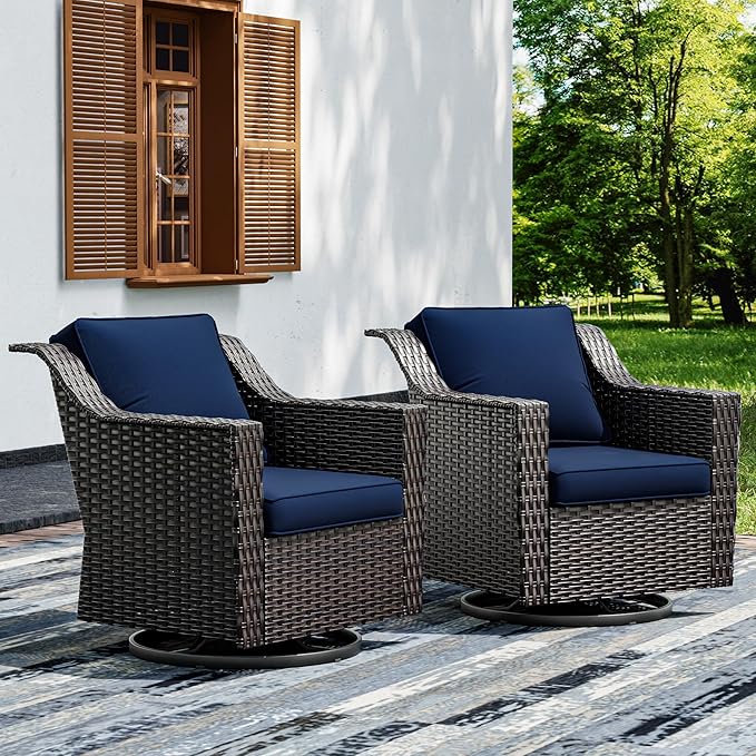 Joyside Swivel Patio Chairs Set of 2, Wicker Patio Furniture with Wide Armrest and Thick Cushions, Upgraded Large Size for Backyard, Garden, Poolside-VerdiqueGarden