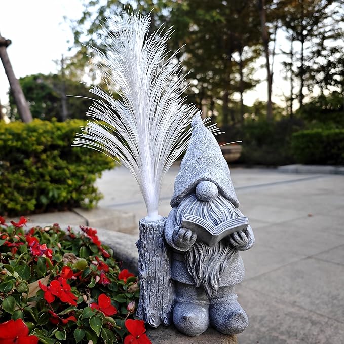 Gnomes Statue Solar Garden Decor,Resin Gnome Statues and Colour Changing Optical Fiber Solar Lights,Outdoor Decoration for Balcony, Garden, Patio, Yard, Lawn, Gifts for Mom Grandma-VerdiqueGarden