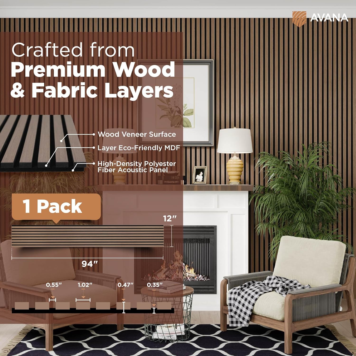 Avana Modern Acoustic Wood Wall Panels – 94.4 X 12.6 Inch Smoke Walnut Acoustic Panels 1 PC – Wall Panels For Interior Wall Decor For Homes, Offices, Studios – Sturdy And Durable Wood Panels For Wall-VerdiqueGarden