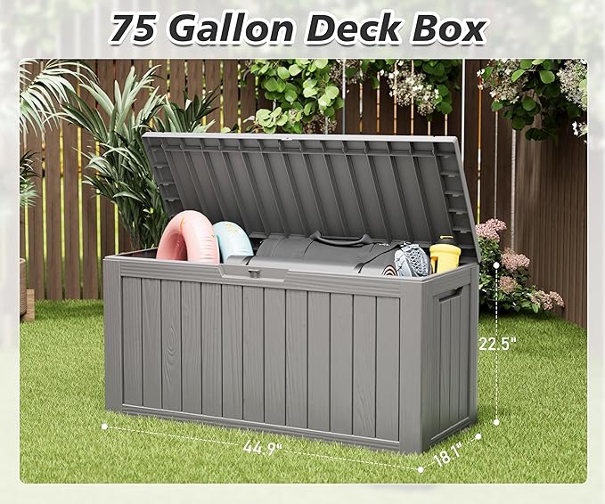 KAMABOKO Deck Box, 75 Gallon Resin Indoor and Outdoor Storage Boxes Waterproof for Garden Tools, Pool Accessories Storage Bench, Patio Furniture and Cushions with Lockable Lid, Grey-VerdiqueGarden