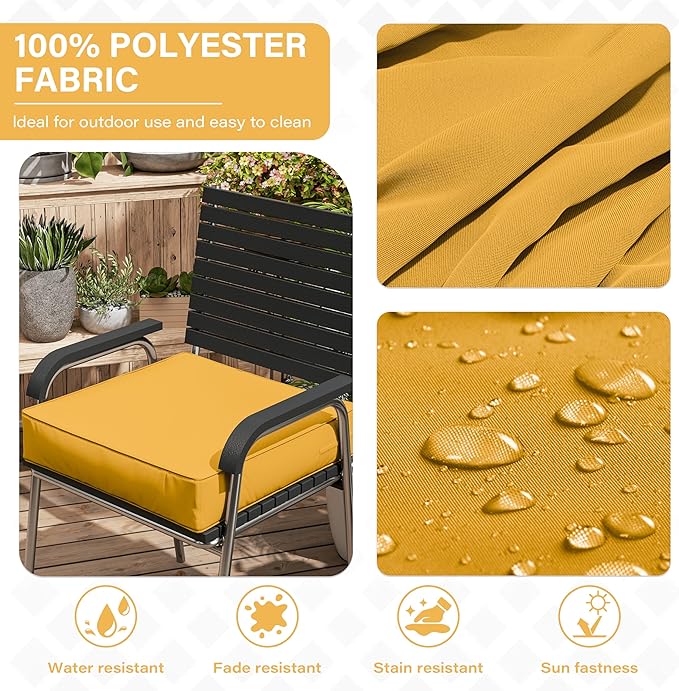 Patio Chair Cushions 24 X 24 X 5 Inch Waterproof Outdoor Seat Cushions for Patio Furniture, Outdoor Sofa Couch Pads with Ties & Handle, Set of 2, Yellow-VerdiqueGarden