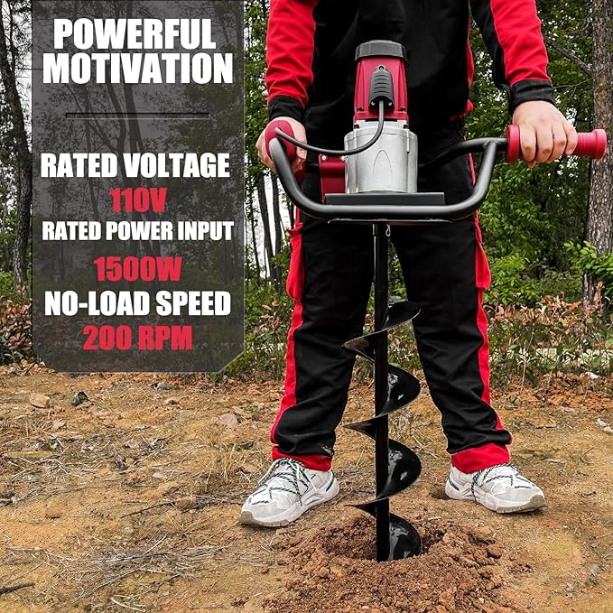 JACKCHEN 1500W Electric Post-Hole Digger with 6-Inch Auger Bit, Earth Auger Drill, Auger Bit Earth Auger, Ideal for Post Hole Digging, Drilling, Tree Planting, Red-VerdiqueGarden