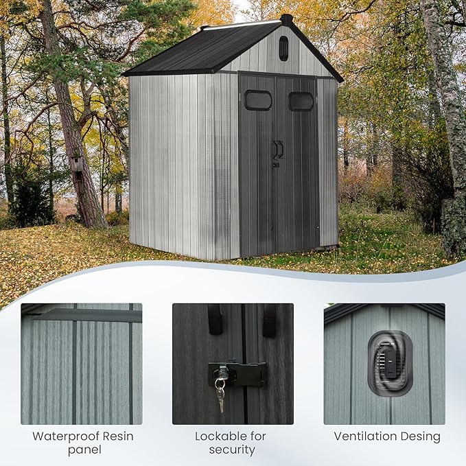 Domi 5x3 FT Outdoor Resin Storage Shed, All-Weather Double-Wall Storage Building for Backyard, Garden, Lawn Tools, Mower, Bike & Pool Equipment, Lockable Doors, Ventilated Roof, Grey-VerdiqueGarden
