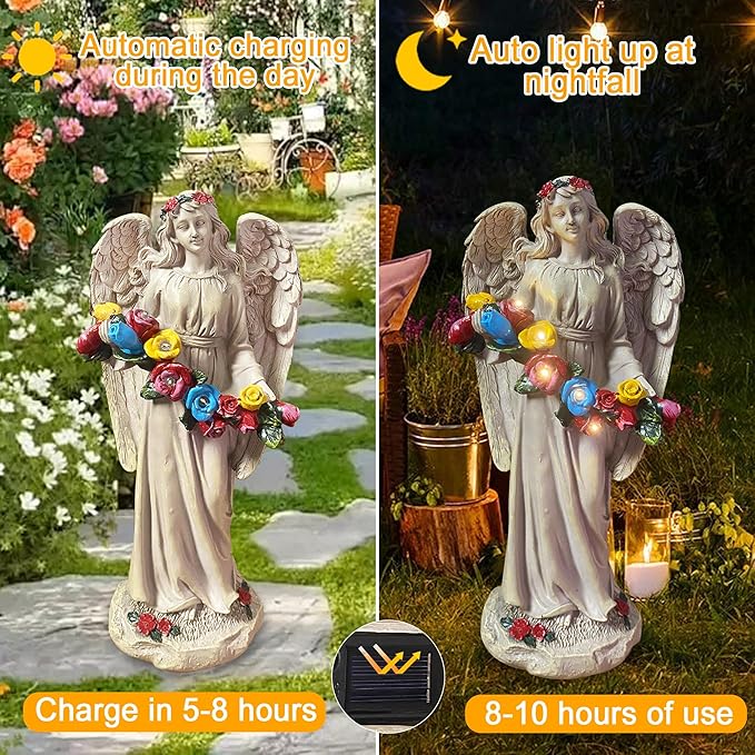 Angel Statues for Garden, Solar Angels for Outside, Angels Sculpture Holding Wreath for Outdoor Patio Lawn Balcony Ornament Gifts for Women/Mom/Grandma-VerdiqueGarden