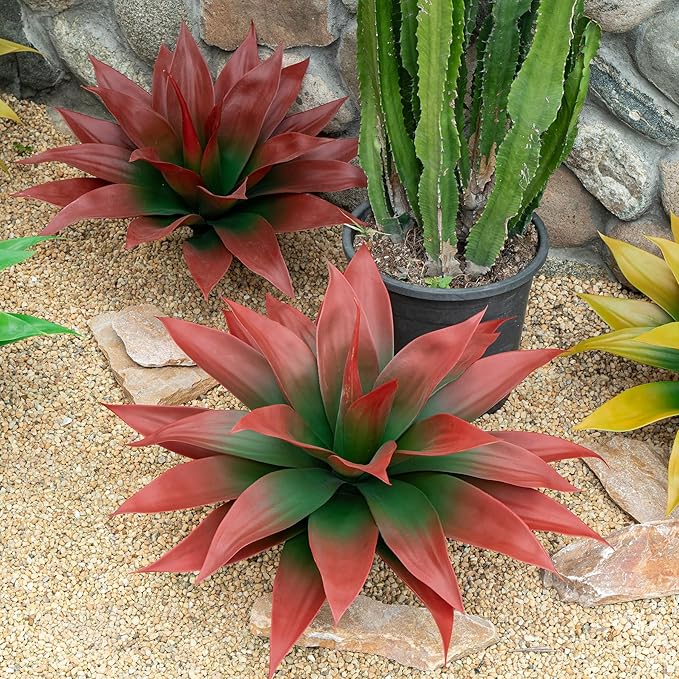 Artificial Agave Plants,Large UV Resistant Fake Agave Planters for Indoor and Outdoor Decorating Tropical Plant Succulents Greenery Indoor Decor (2Pack,18" Red)-VerdiqueGarden
