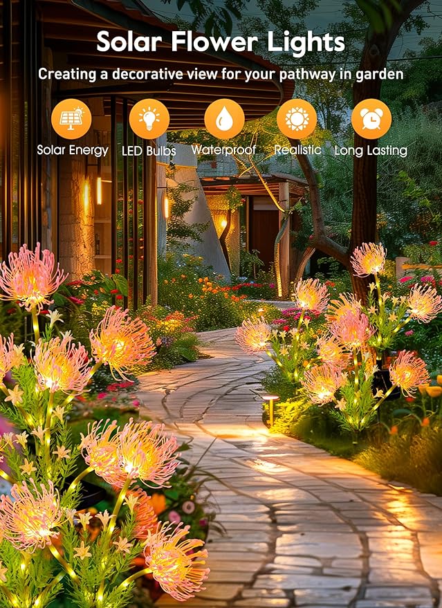 Brightown Outdoor Solar Garden Lights - 4 Pack LED Flower Lights with Glowing Flowers & Stems, Realistic, Bigger Solar Panel, Waterproof for Yard Patio Home, Pink-VerdiqueGarden