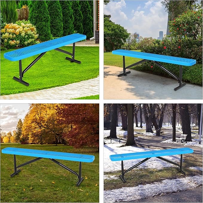 48" L Outdoor Steel Flat Bench, Heavy Duty Metal Park Bench for Outside, Expanded Metal, Commercial Benches Mesh Bench for Shopping Mall, Store, Lawn, Park, Patio, Deck, Garden (Blue, 6FT)-VerdiqueGarden