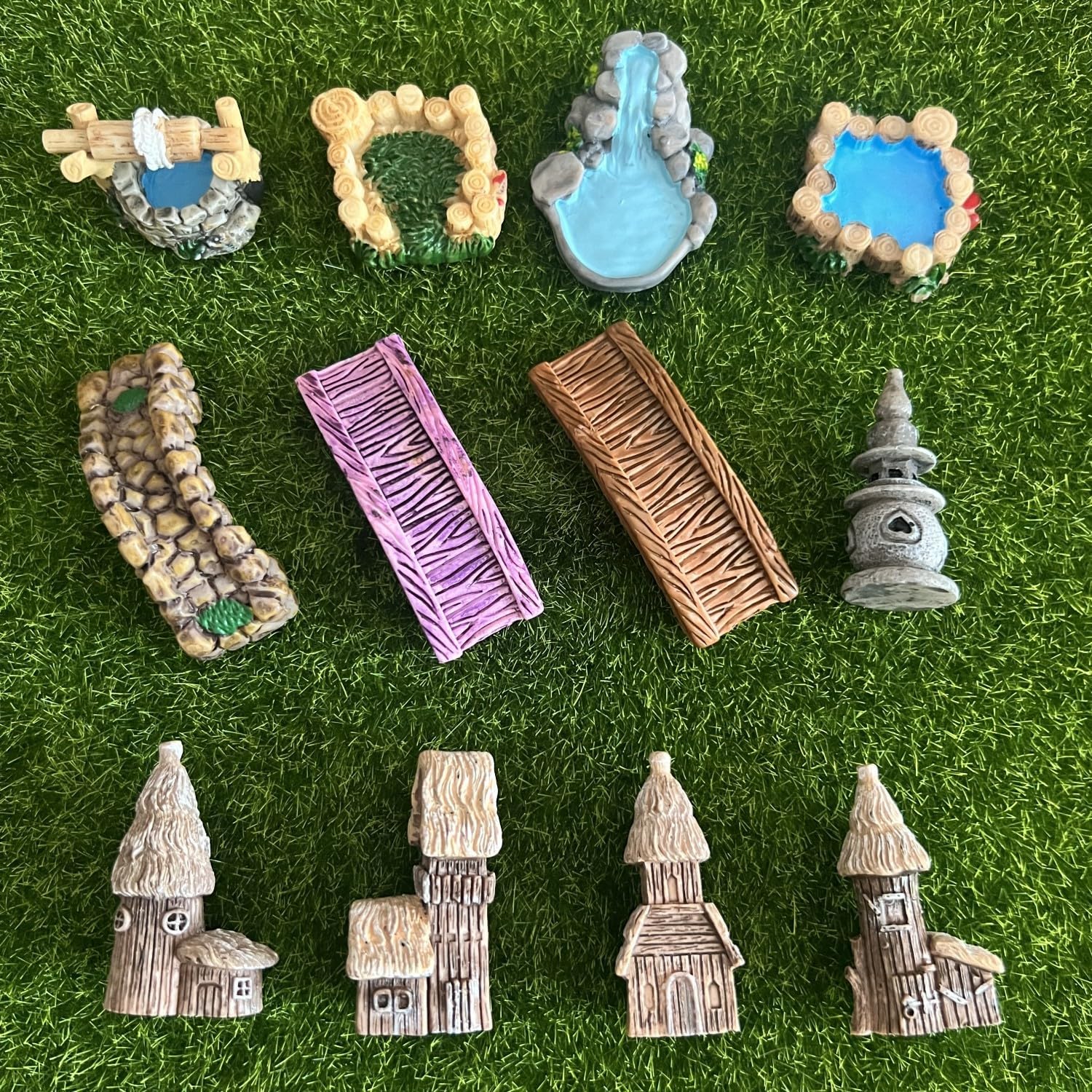 LONCESS Fairy Garden Accessories Miniature Tree House Bridge Mini Lighthouse Water Well Bridge Figurines Pond Lawn Ornament Figurines for DIY Craft Garden Decor,12 Peices-VerdiqueGarden