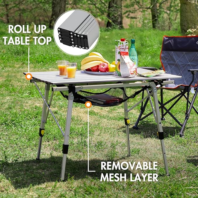 PORTAL Outdoor Folding Portable Picnic Camping Table with Adjustable Height Aluminum Roll Up Table Top Mesh Layer, Silver-VerdiqueGarden