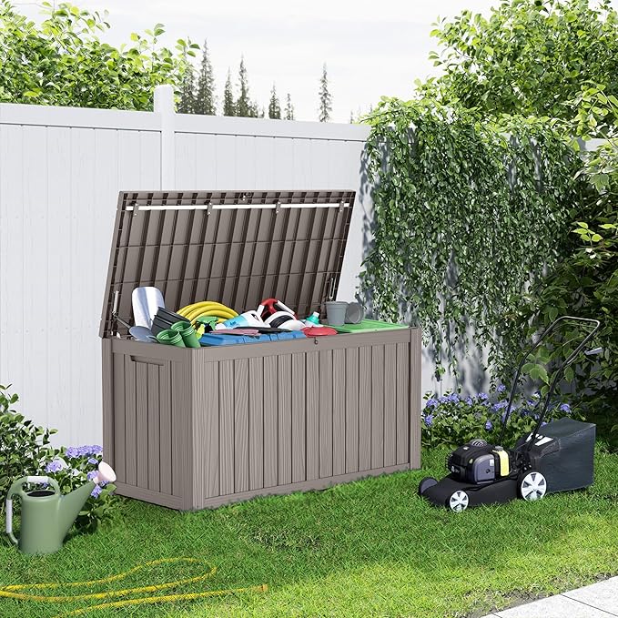 150 Gallon Resin Deck Box, Lockable Patio Outdoor Storage Box for Furniture, Garden Tools and Tools Storage, Waterproof Outside Storage Boxes - Grey-VerdiqueGarden