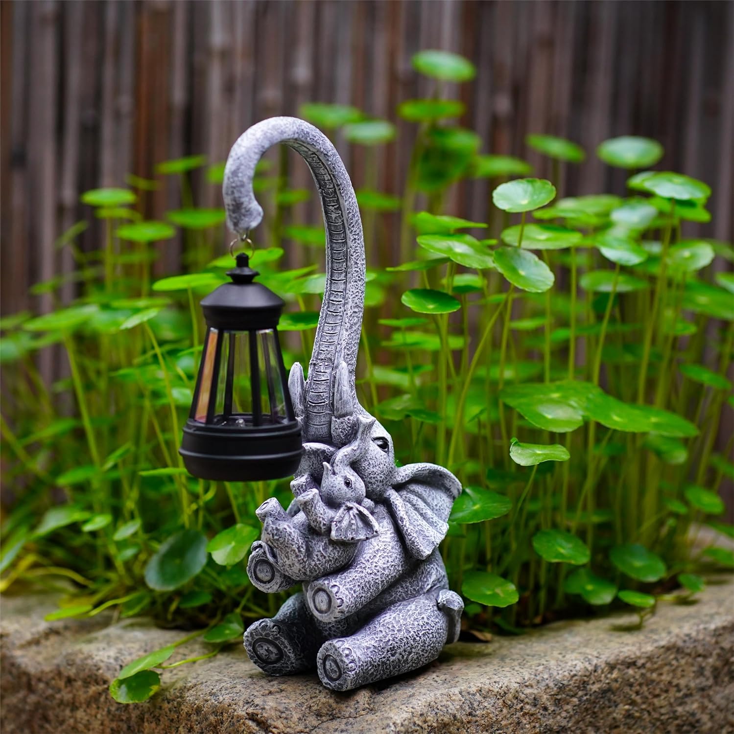 Elephant Outdoor Statues with Cute Baby Garden Decor, Resin Elephant Figurines with Solar Lantern Outdoor Decoration Gifts for Mothers Day, Birthday Day-VerdiqueGarden