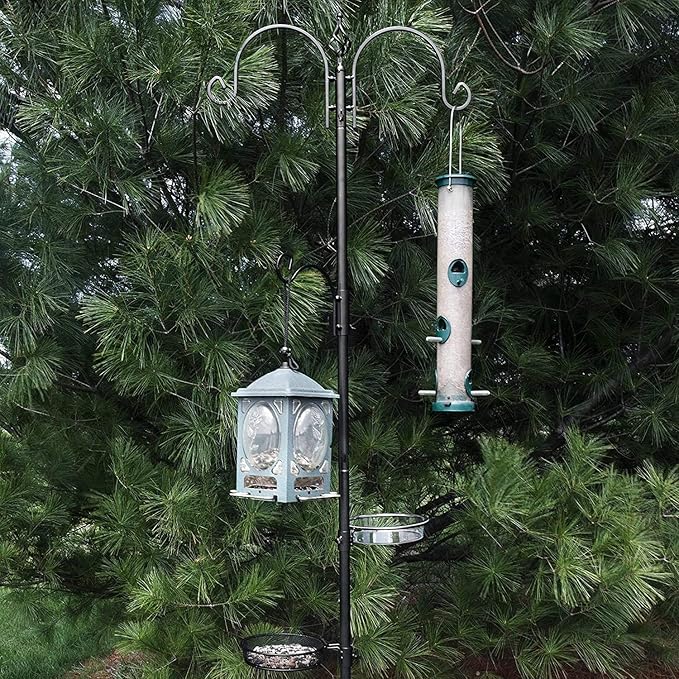 Ashman Deluxe Bird Feeding Station (4 Pack) Bird Feeders for Outside - Multi Feeder Pole Stand Kit with 4 Hangers, Bird Bath and 3 Prong Base for Attracting Wild Birds - 22 Inch Wide x 92 Inch Tall.-VerdiqueGarden