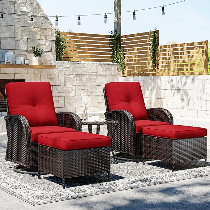 Joyside 5 Piece Patio Furniture Set, Outdoor Swivel Chair Sets with Thick Cushion and Ottoman, Wicker Patio Conversation Set for Porch, Deck Use (Brown/Red, 5 PCS)-VerdiqueGarden