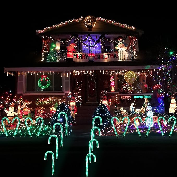 10" Christmas Candy Cane Lights - Set of 10 Pathway Markers Christmas Outdoor Yard Decorations, Green Xmas Candy Cane Stake Lights for Lawn, Walkway, Garden, Xmas Party Indoor Ornaments-VerdiqueGarden