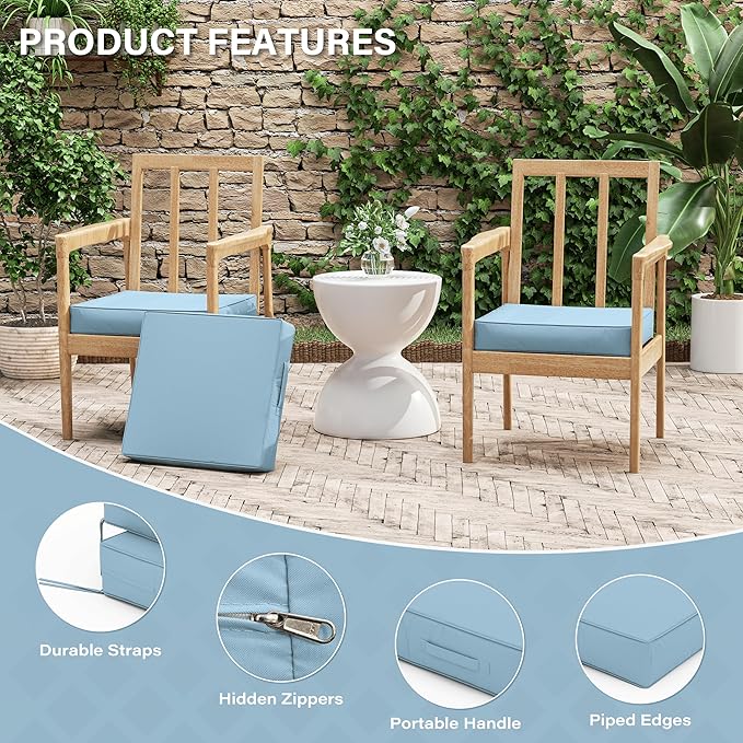 Patio Chair Cushions 17 X 16 X 3 Inch Waterproof Outdoor Seat Cushions for Patio Furniture, Outdoor Sofa Couch Pads with Ties & Handle, Set of 2, Light Blue-VerdiqueGarden