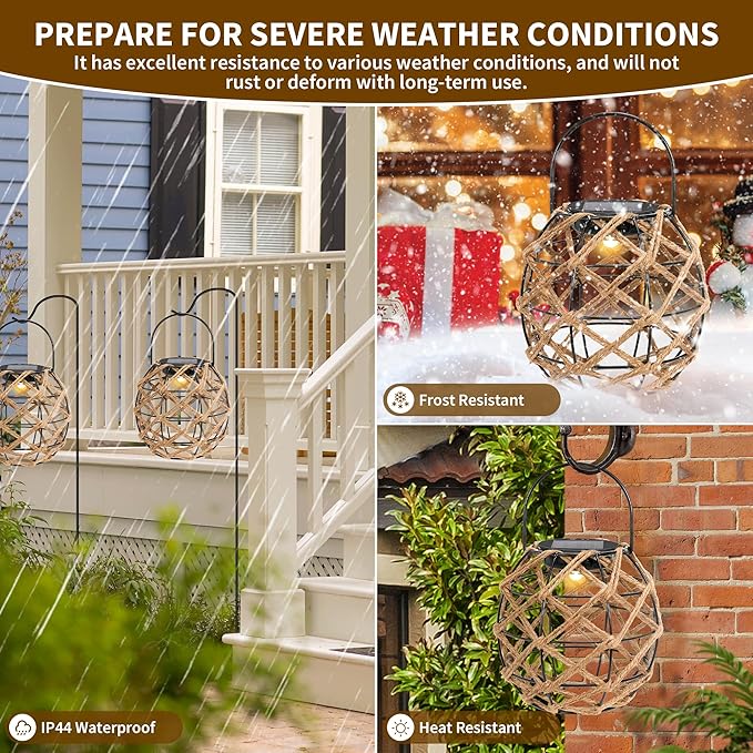 HPC Decor 2 PK Solar Lanterns-Outdoor Waterproof, Hemp Rope, Hanging Outdoor, Round Lamp Boho Decor for Garden, Yard, Patio, Porch, Pathway.-VerdiqueGarden