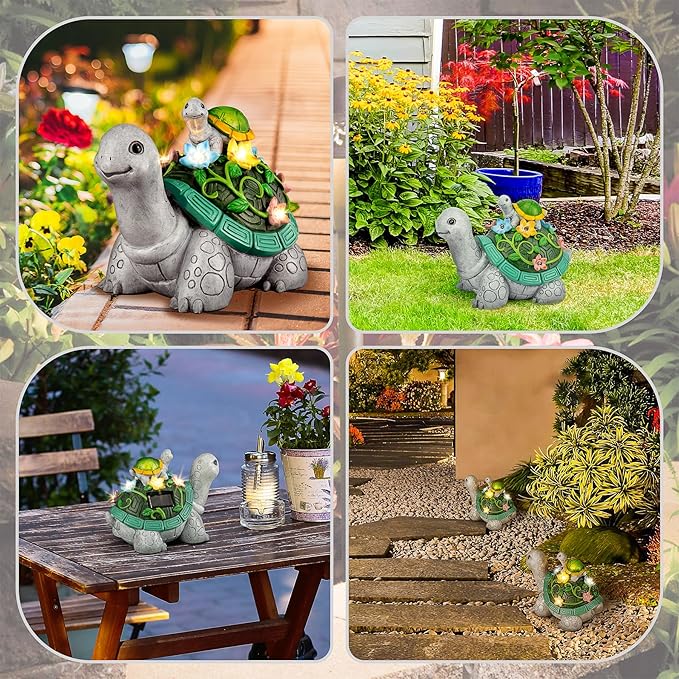 LESES Garden Statues, Turtle Solar Statue Garden Decor Clearance, Cute Turtle Figurines with Baby & 7 LED Solar Lights Lawn Decorations for Patio Yard Gifts for Mom Grandma Housewarming-VerdiqueGarden