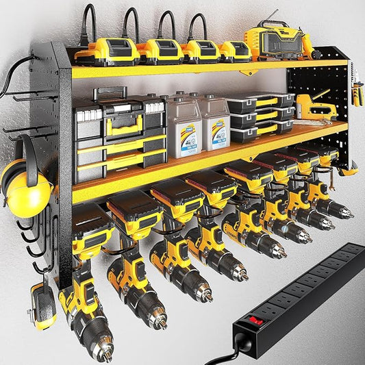 KAFAHOM Power Tool Organizer with Charging Station, Built in 8 Outlet Power Strip,Large 8 Drill Holder Wall Mount, Heavy Duty Metal Power Tool Storage Rack Tool Shelf for Garage Organization Yellow-VerdiqueGarden