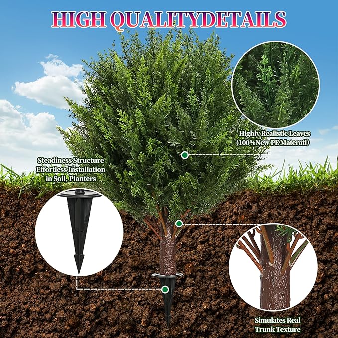 Artificial Cedar Shrub Ball Trees Two 15.8inch with Ground Spikes, can be Planted in The Ground and in pots, Outdoor Artificial Plants Resistant to UV Rays (4pcs)-VerdiqueGarden
