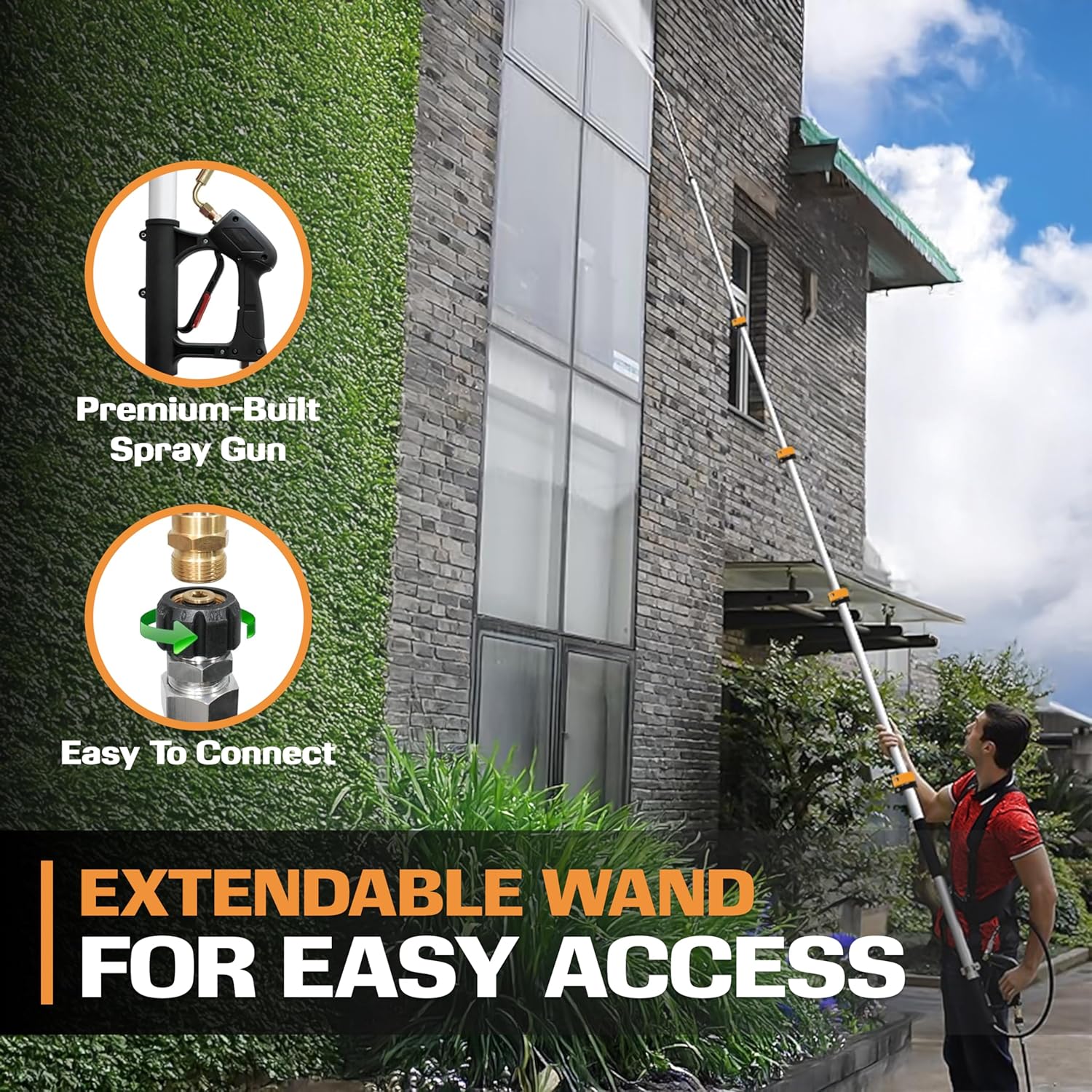 EDOU 20 ft Telescoping Pressure Washer Wand - Power Washer Gutter Cleaner Tool - 4,000 PSI Extension Pole with 1/4" Quick Connection, 5 Spray Nozzles, 2 Couplers, and Support Harness-VerdiqueGarden