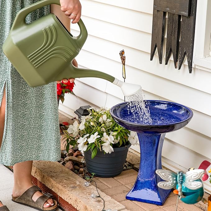 Sunnydaze Ceramic Bird Bath for Outside - 16" H - UV- and Frost-Resistant - Pedestal Bird Bath - Blue Glazed Bowl - Blue Glaze Finish-VerdiqueGarden