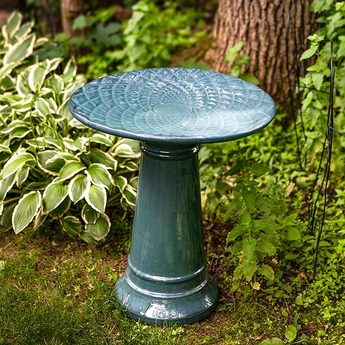 Sunnydaze Rennes Outdoor Ceramic Bird Bath - 22.5" H - UV- and Frost-Resistant - Glazed Bowl and Pedestal with Turquoise Finish-VerdiqueGarden