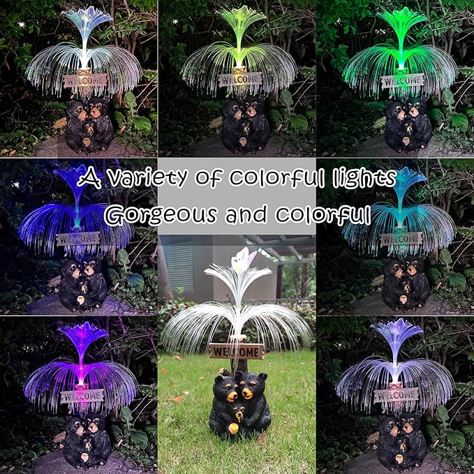 Solar Bear Garden Statues,Resin Black Bear Family Figurine with Welcome Card and 7-Color Changing Optical Fiber with Solar Lights, Lawn Decor Outdoor Statue for Patio,Balcony,Yard,Lawn-VerdiqueGarden