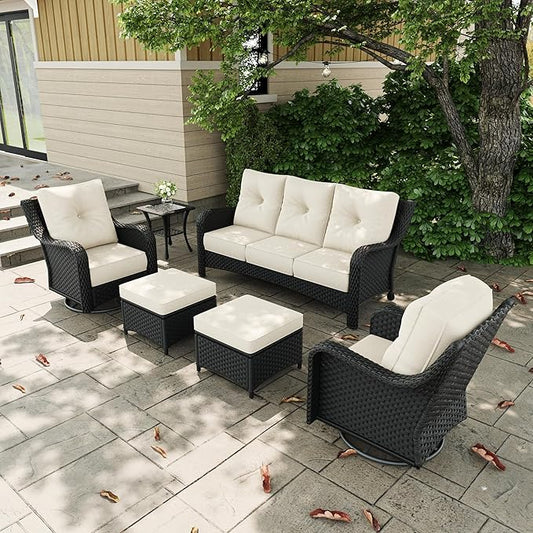 6 Pieces Outdoor Patio Furniture Sets with Rocking Swivel Chairs with 6-inch Thick Cushion and Side Table for Deck Lawn-VerdiqueGarden