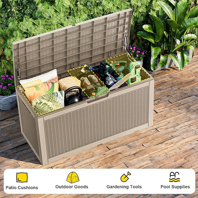 100 Gallon Waterproof Outdoor Storage Box,Resin Deck Box,Lockable Outside Storage Box Container for Patio Furniure,Garden,Pool Tools (100 Gallon,Grey pattern)-VerdiqueGarden