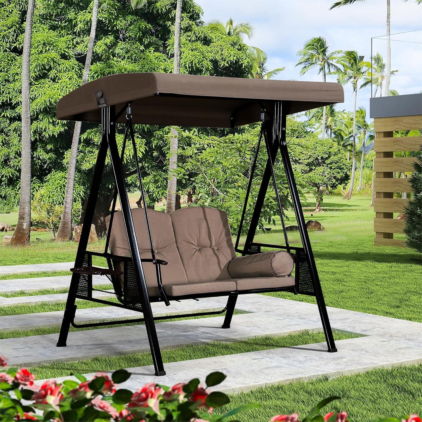 PURPLE LEAF 2-Seat Deluxe Outdoor Patio Porch Swing with Weather Resistant Steel Frame, Adjustable Tilt Canopy, Cushions and Pillow Included, Beige-VerdiqueGarden