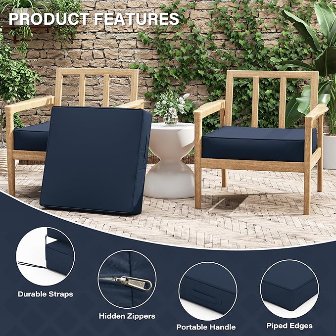 Patio Chair Cushions 24 X 24 X 5 Inch Waterproof Outdoor Seat Cushions for Patio Furniture, Outdoor Sofa Couch Pads with Ties & Handle, Set of 2, Navy Blue-VerdiqueGarden